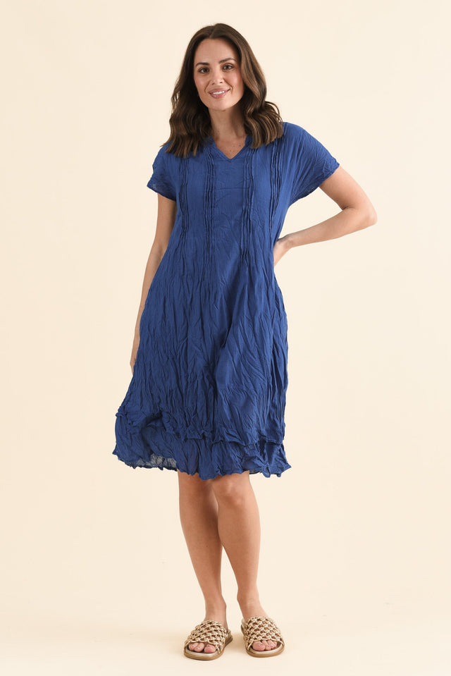 Stassi Indigo Crinkle Cotton Dress,Front,Brunette model,alt text|model:MJ