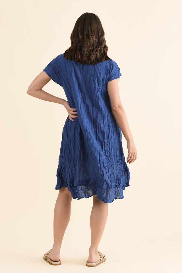 Stassi Indigo Crinkle Cotton Dress,Back,Brunette model,alt text|model:MJ image 4