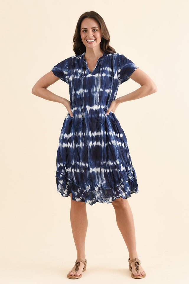 Stassi Navy Tie Dye Crinkle Cotton Dress,Full Body,Brunette model,alt text|model:MJ image 2