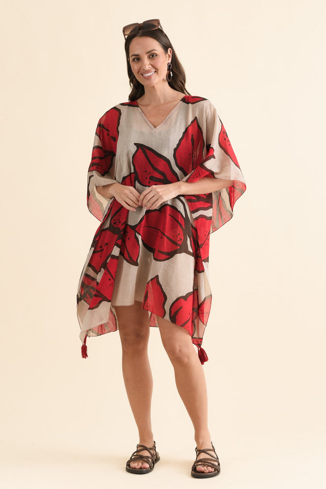 Stella Red Bloom Cotton Kaftan,Front,Brunette model,alt text|model:MJ