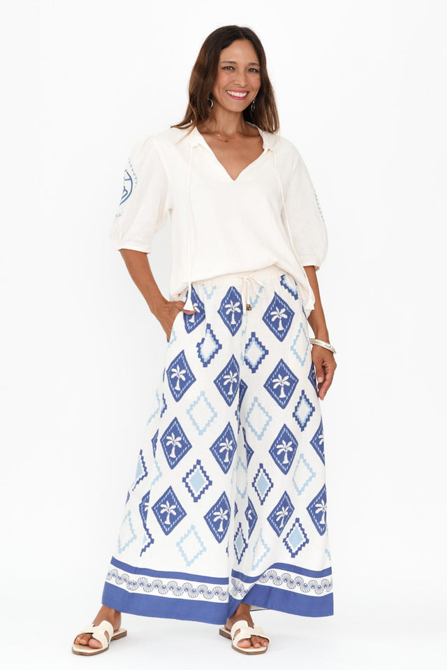Yara Blue Palm Linen Pants,Brunette model,alt text|model:Cara image 3