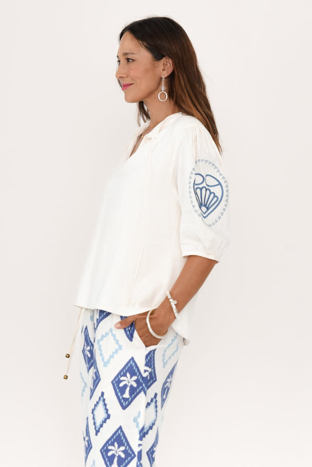 Steph Cream Seashell Embroidered Linen Top,Brunette model,alt text|model:Cara image 3