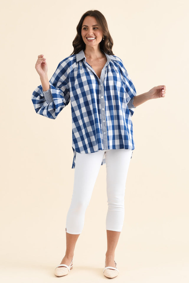 Stephens Navy Check Cotton Shirt,brunette model,Full Outfit,alt text|model:MJ