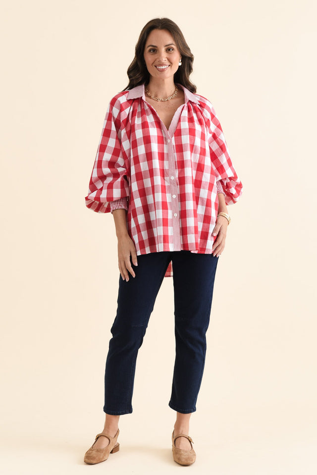 Stephens Red Check Cotton Shirt,brunette model,Full Outfit,alt text|model:MJ