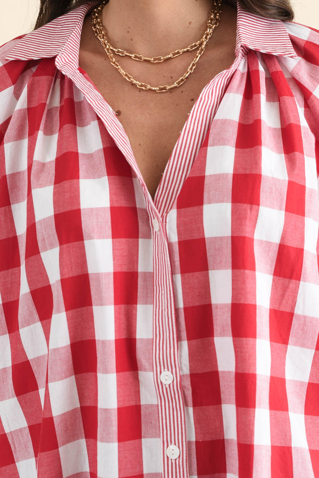 Stephens Red Check Cotton Shirt,brunette model,Close up of outfit,alt text|model:MJ image 5