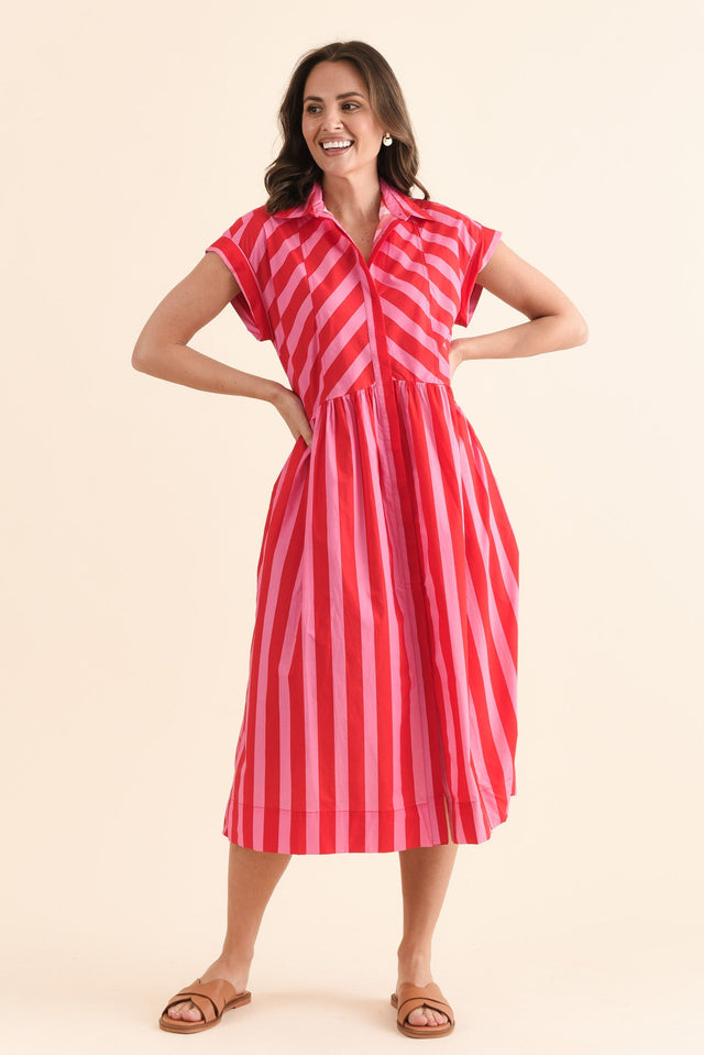 Susan Pink Stripe Cotton Collared Dress,Full Body,Brunette model,alt text|model:MJ