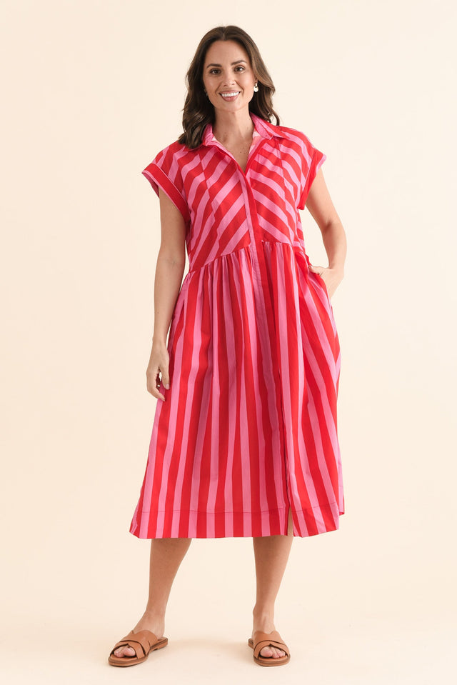 Susan Pink Stripe Cotton Collared Dress,Full Body,Brunette model,alt text|model:MJ image 6