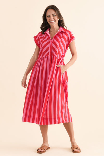 Susan Pink Stripe Cotton Collared Dress