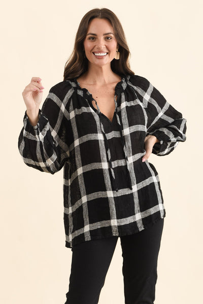 Sussana Black Check Linen Tie Top