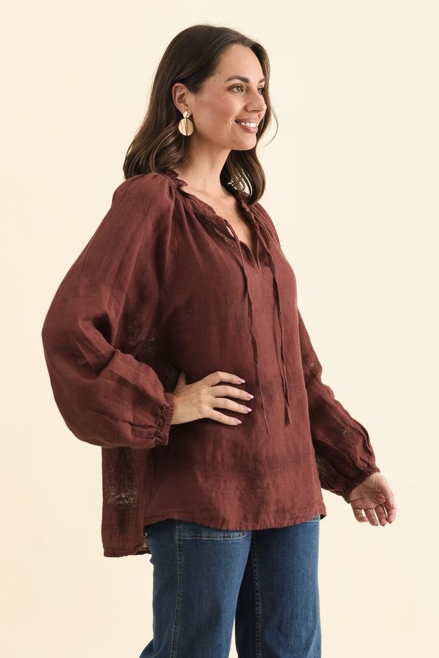 Sussana Burgundy Linen Tie Top,Side,Brunette model,alt text|model:MJ image 3