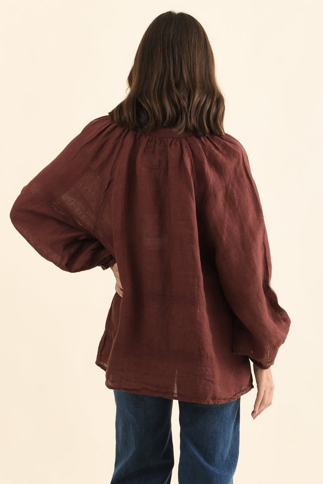 Sussana Burgundy Linen Tie Top,Back,Brunette model,alt text|model:MJ image 4
