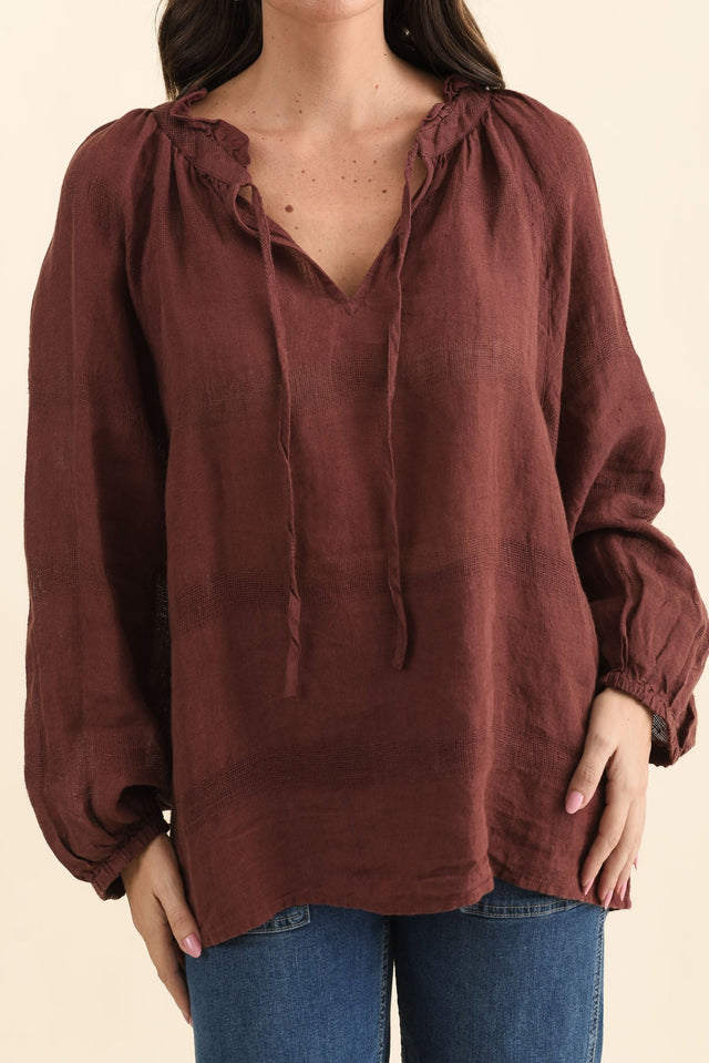 Sussana Burgundy Linen Tie Top,Detail,Brunette model,alt text|model:MJ image 5