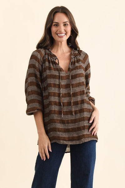 Sussana Bronze Stripe Linen Tie Top