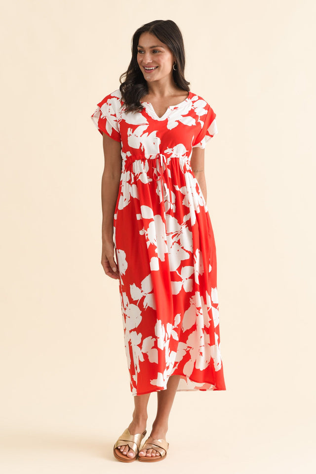 Suzette Red Abstract Midi Dress,Brunette model,alt text|model:Brontie image 4