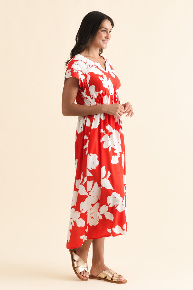 Suzette Red Abstract Midi Dress,Brunette model,alt text|model:Brontie image 5