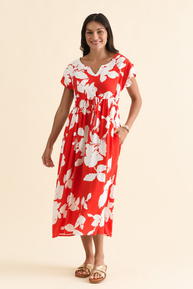 Suzette Red Abstract Midi Dress,Brunette model,alt text|model:Brontie image 8