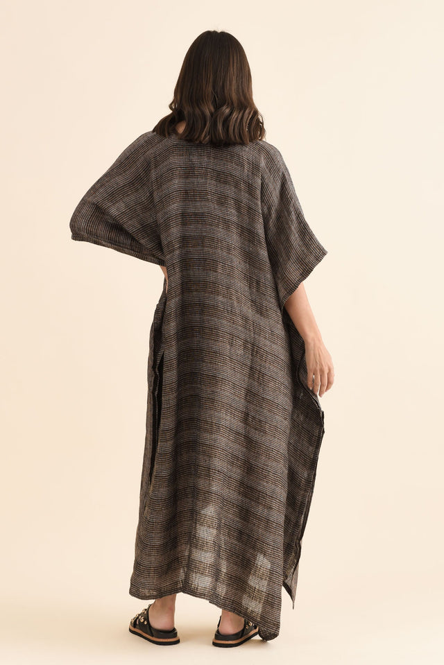 Taia Charcoal Stripe Linen Kaftan,Back,Brunette model,alt text|model:MJ image 4