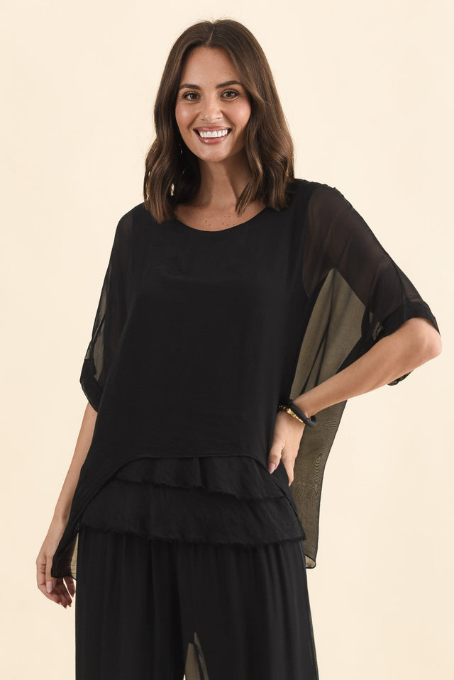 Talia Black Silk Layer Top,Brunette model,alt text|model:MJ