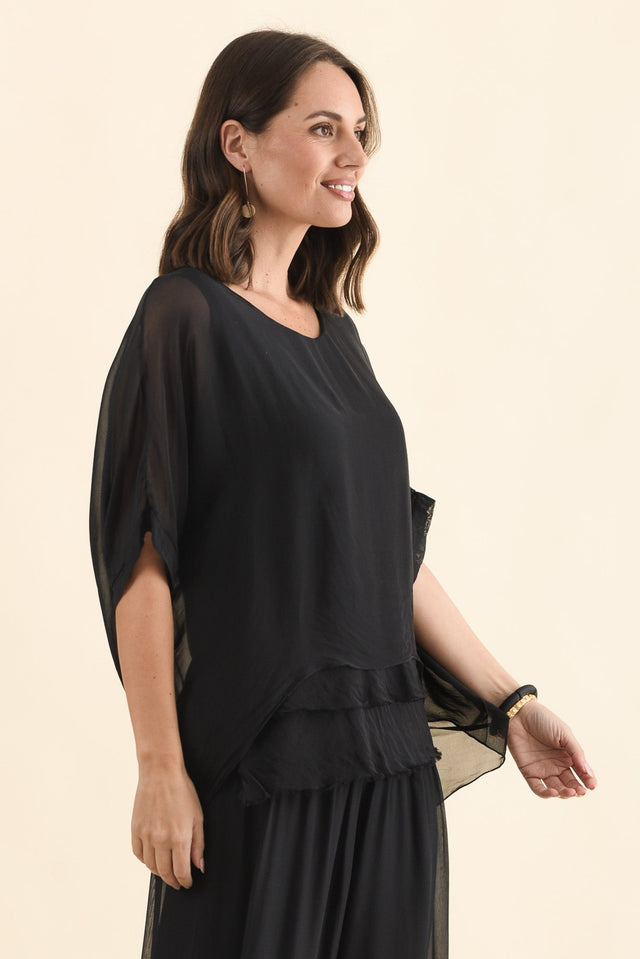 Talia Black Silk Layer Top,Brunette model,alt text|model:MJ image 4