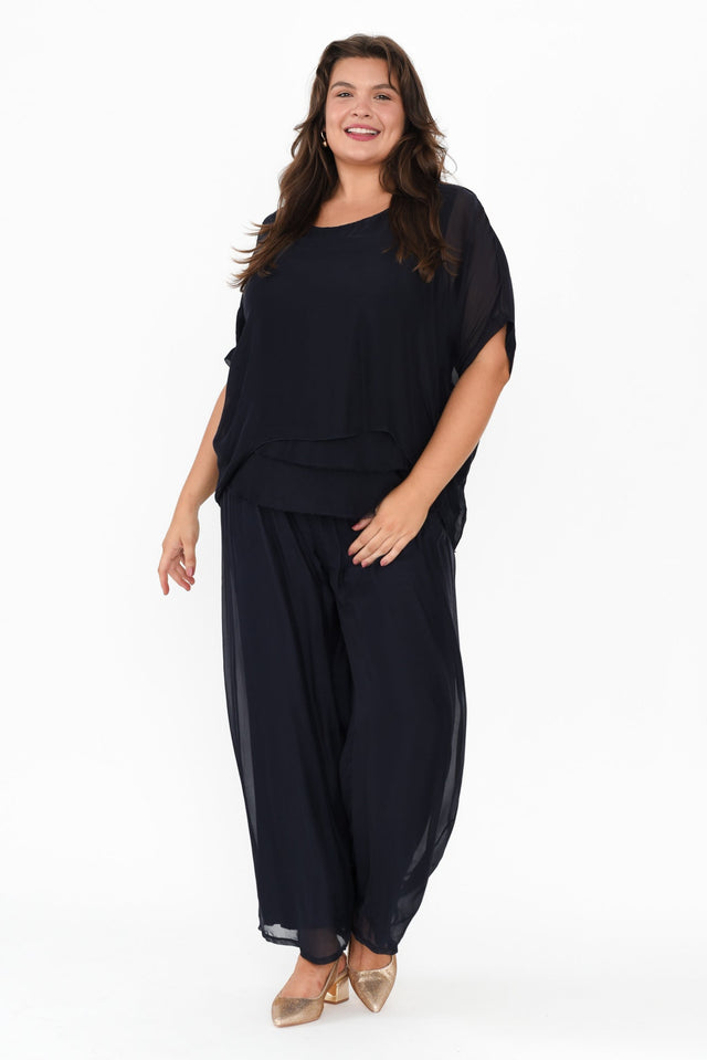Laurier Navy Silk Wide Leg Pants,Brunette model,alt text|model:Gabby image 13