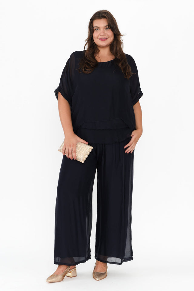Laurier Navy Silk Wide Leg Pants,Brunette model,alt text|model:Gabby image 10