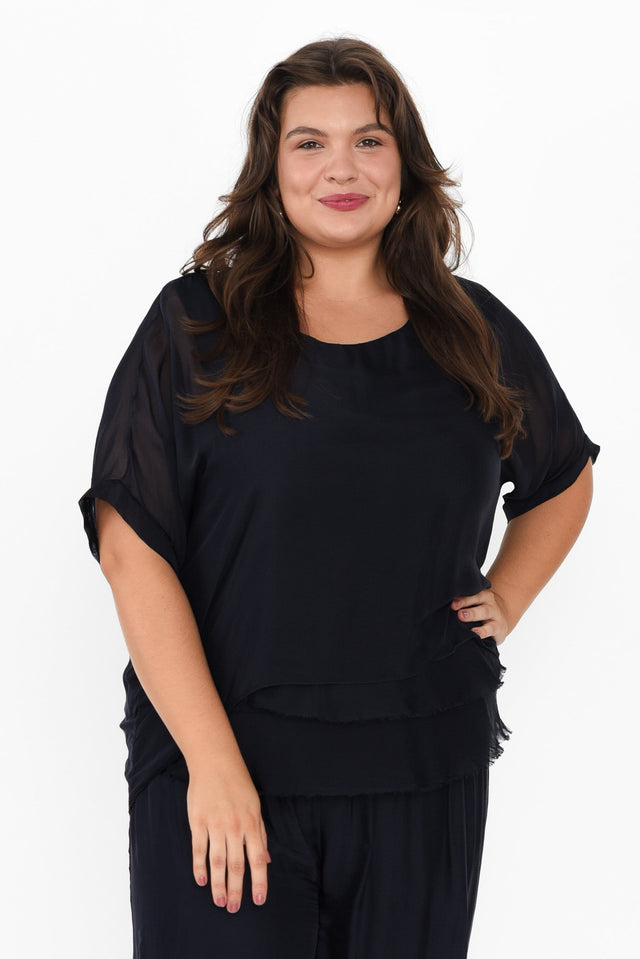 Talia Navy Silk Layer Top,Brunette model,plus-size,curve-tops,plus-size-sleeved-tops,alt text|model:Gabby image 9