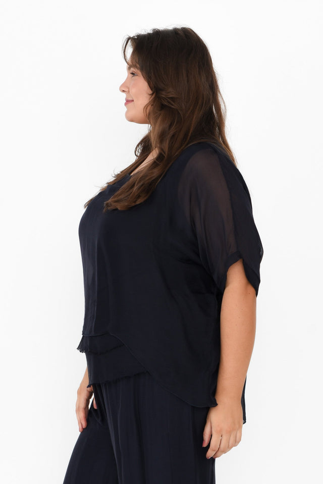Talia Navy Silk Layer Top,Brunette model,alt text|model:Gabby image 11