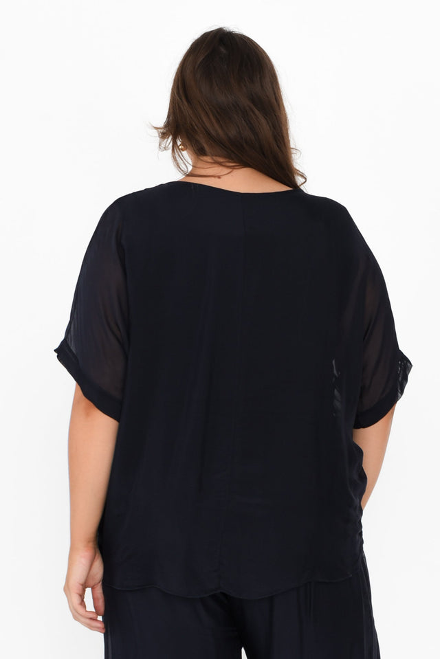 Talia Navy Silk Layer Top,Brunette model,alt text|model:Gabby image 12