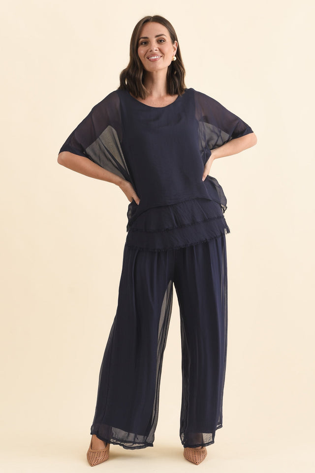 Laurier Navy Silk Wide Leg Pants,Brunette model,alt text|model:MJ image 8