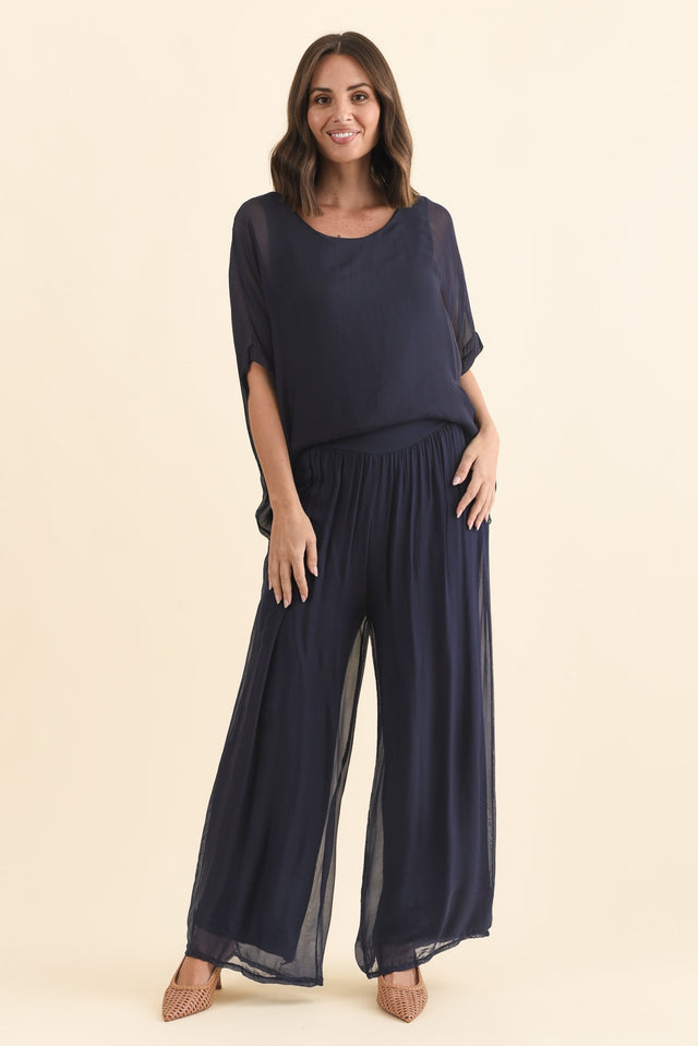Laurier Navy Silk Wide Leg Pants,Brunette model,alt text|model:MJ image 7