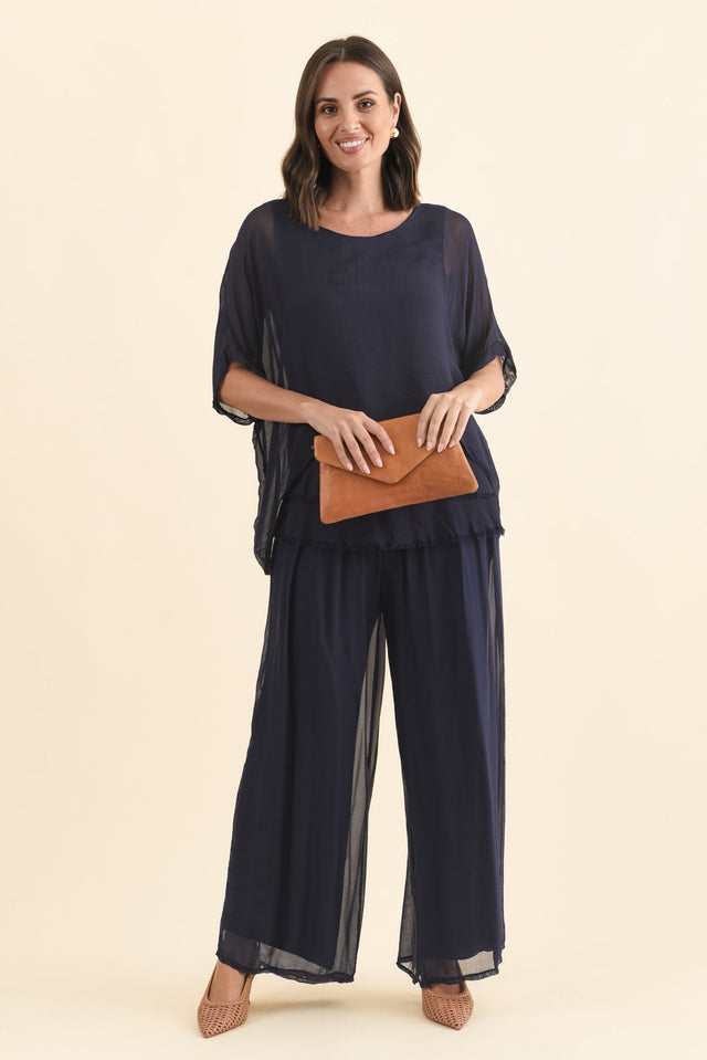 Laurier Navy Silk Wide Leg Pants,Brunette model,alt text|model:MJ image 3