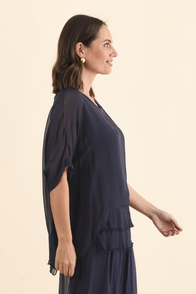 Talia Navy Silk Layer Top,Brunette model,alt text|model:MJ image 5
