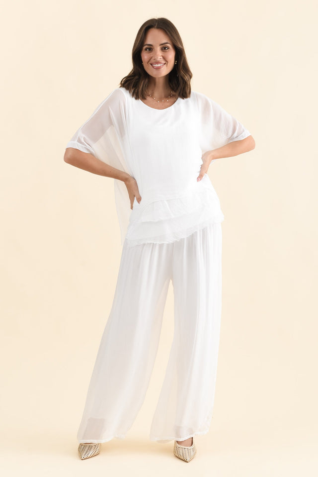 Laurier White Silk Wide Leg Pants,Brunette model,alt text|model:MJ image 5