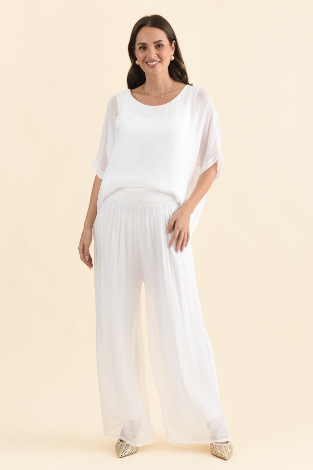 Laurier White Silk Wide Leg Pants,Brunette model,alt text|model:MJ