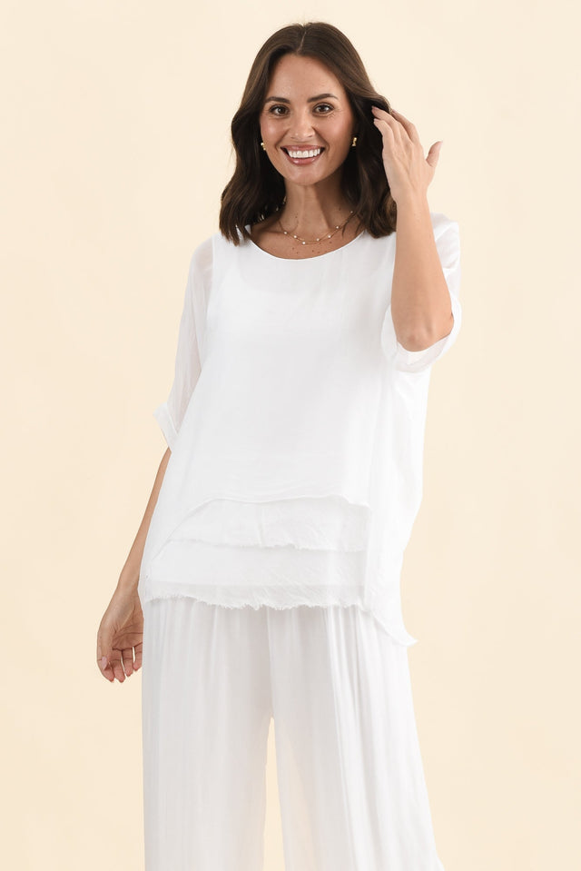 Talia White Silk Layer Top,Brunette model,alt text|model:MJ