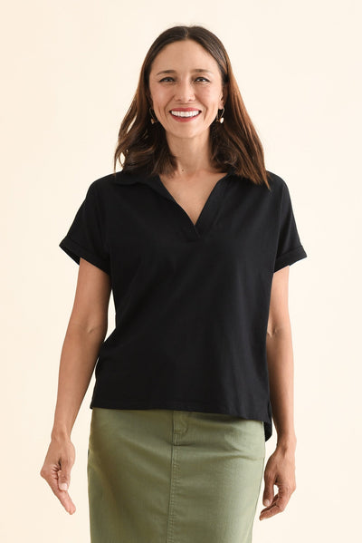 Talli Black Cotton Collared Tee