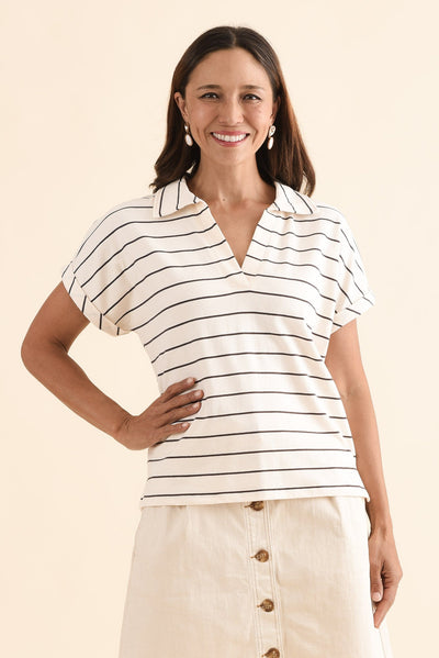 Talli Cream Stripe Cotton Collared Tee