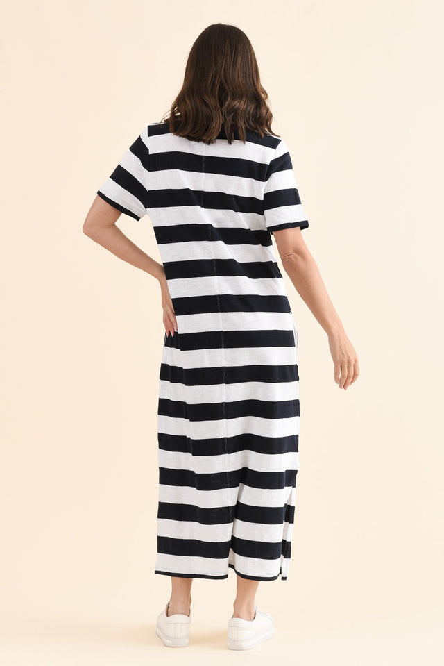 Tallow Navy Stripe Pocket Dress,Back,Brunette model,alt text|model:MJ image 4