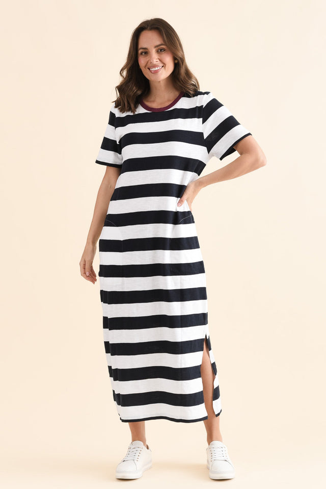 Tallow Navy Stripe Pocket Dress,Front,Brunette model,alt text|model:MJ image 1