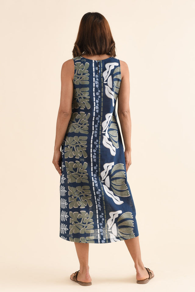 Tamera Navy Motif Organic Cotton Sleeveless Dress,Back,Brunette model,alt text|model:Cara image 4