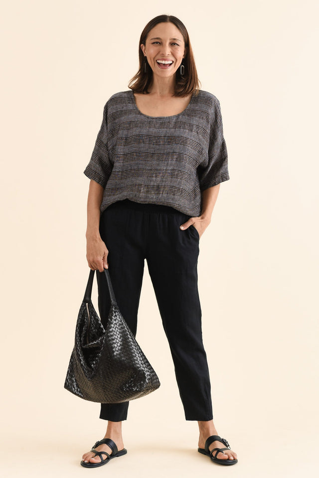 Tatum Black Linen Pants,Full Body,Brunette model,alt text|model:Cara