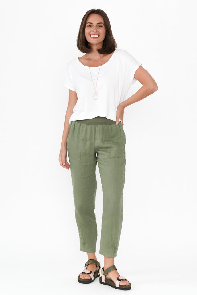 Tatum Khaki Linen Pants,Brunette model,alt text|model:MJ image 9