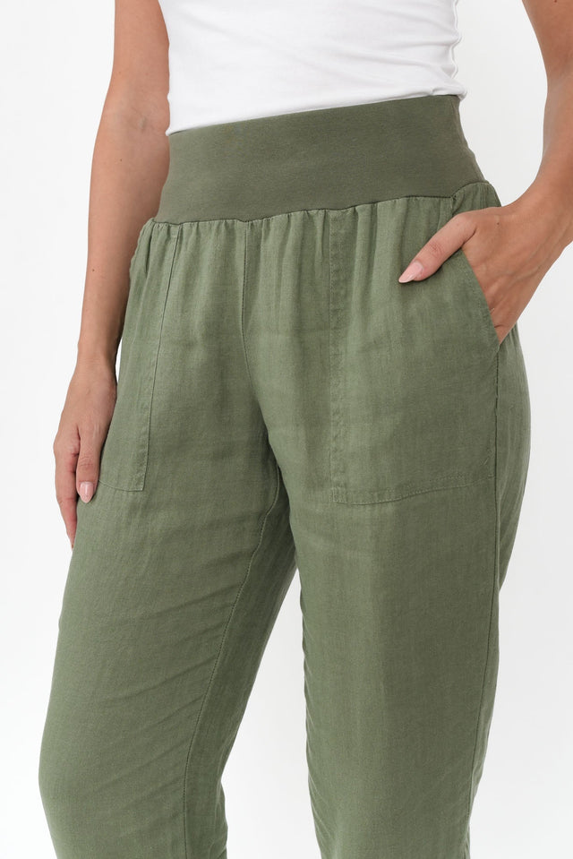 Tatum Khaki Linen Pants,Brunette model,alt text|model:MJ image 6