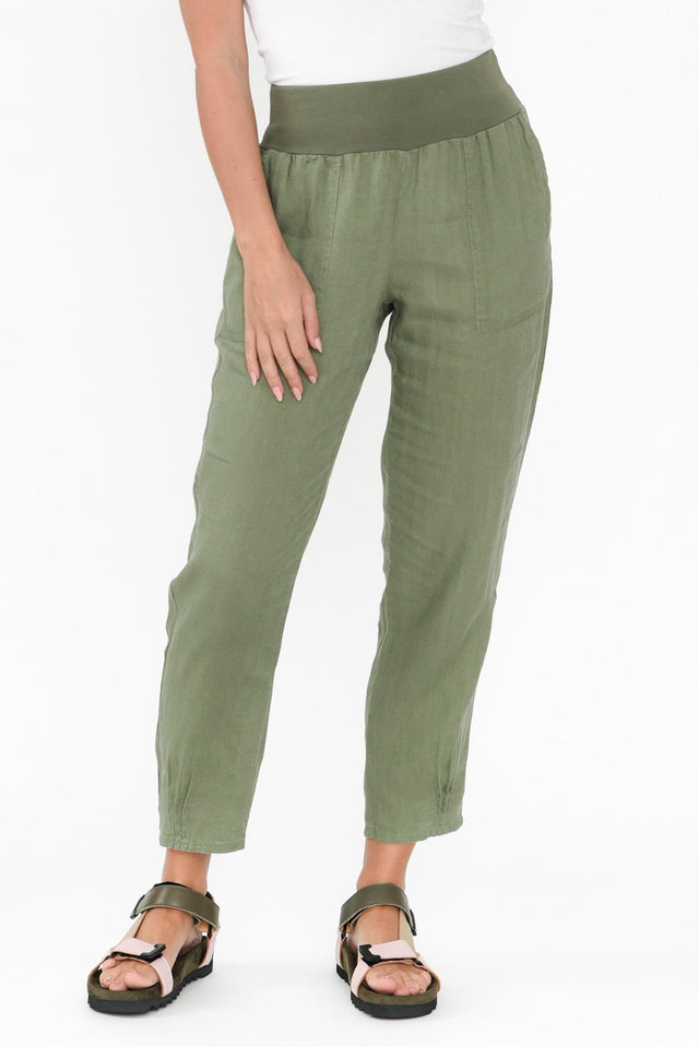 Tatum Khaki Linen Pants,Brunette model,alt text|model:MJ