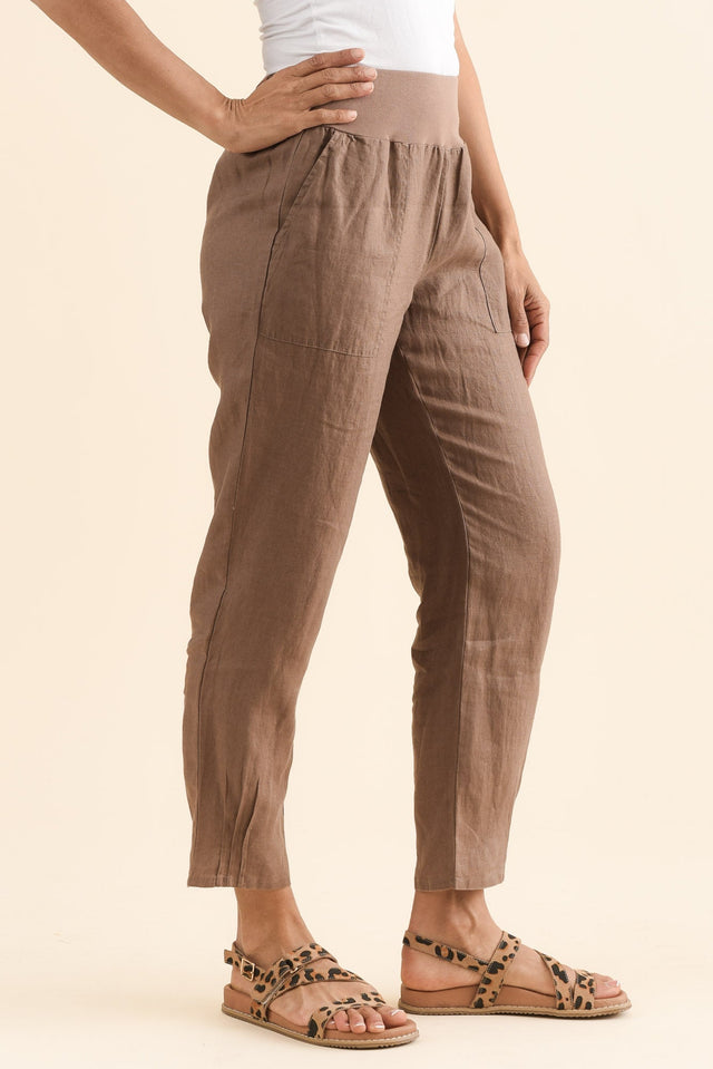 Tatum Mocha Linen Pants,Side,Brunette model,alt text|model:Cara image 3