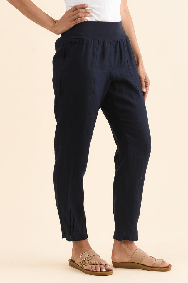 Tatum Navy Linen Pants,Side,Brunette model,alt text|model:Cara image 4