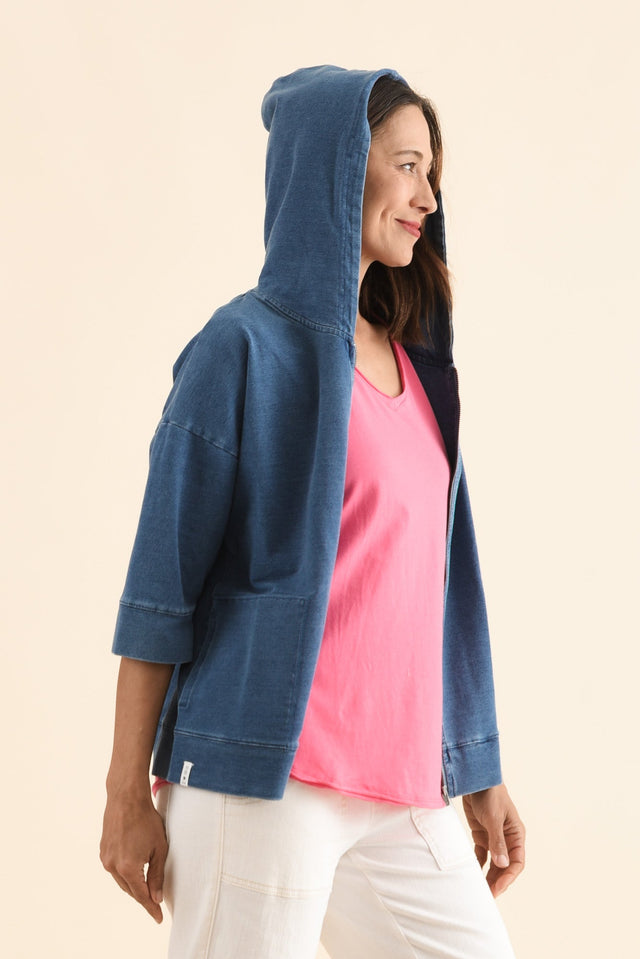 Tessa Vintage Blue Denim Hooded Sweatshirt,Side,Brunette model,alt text|model:Cara image 3
