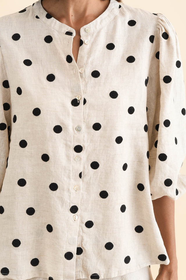 Teya Beige Spot Linen Puff Sleeve Blouse,Brunette model,alt text|model:Cara image 6