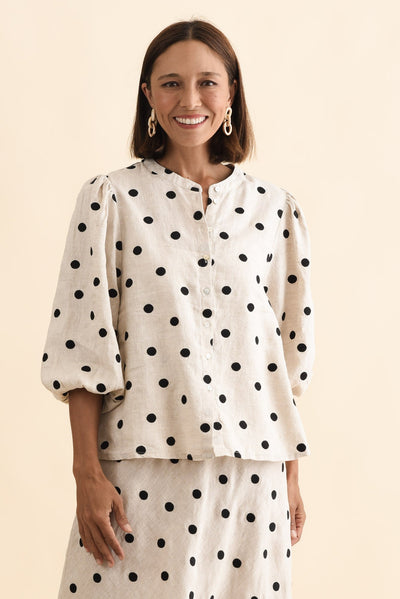 Teya Beige Spot Linen Puff Sleeve Blouse