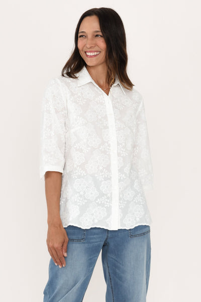 Thea White Flower Embroidered Cotton Shirt